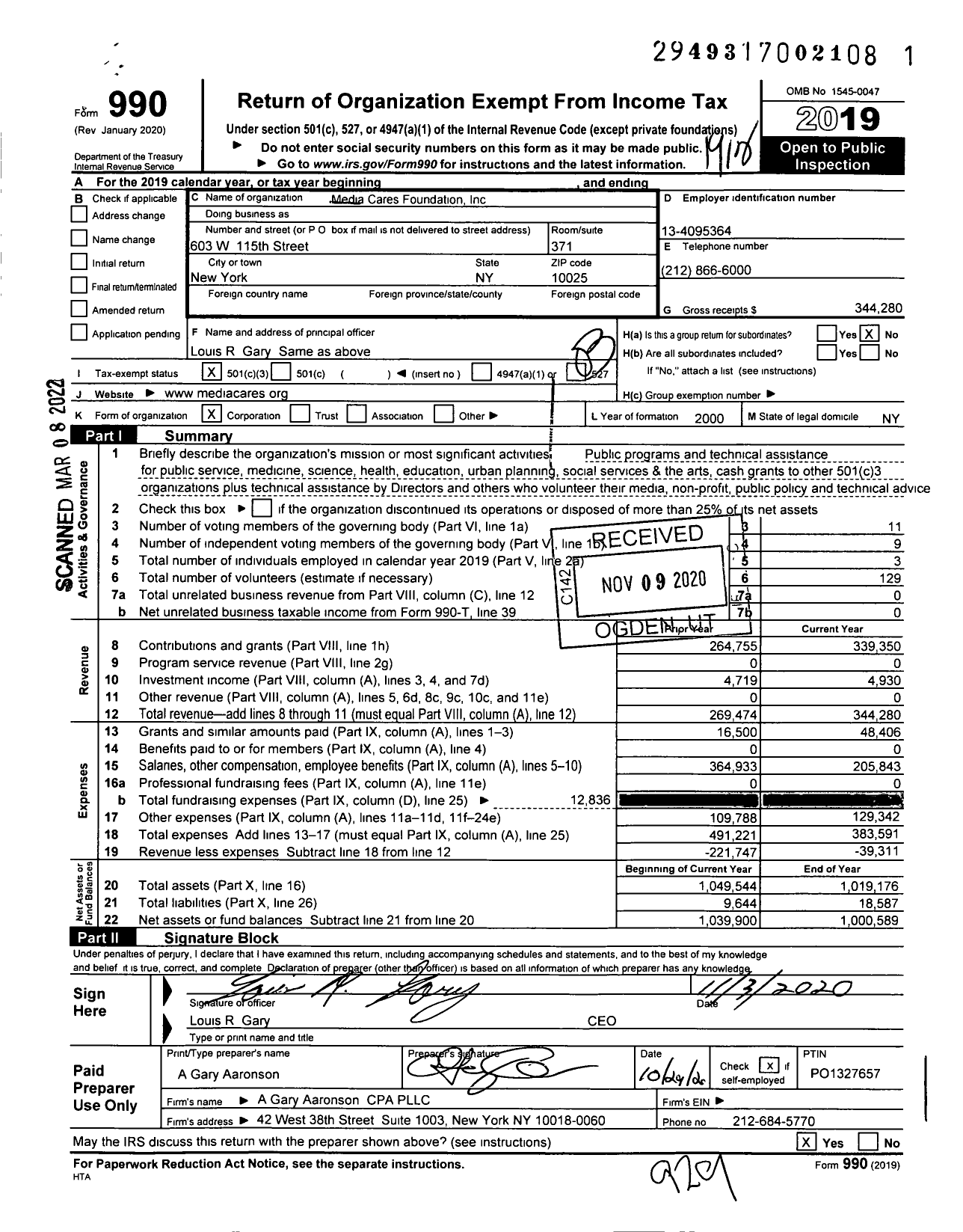 Image of first page of 2019 Form 990 for Media Cares Foundation