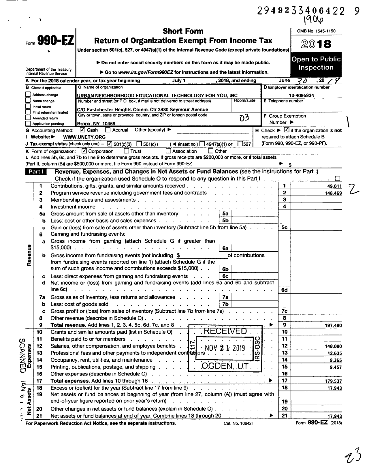 Image of first page of 2018 Form 990EZ for Urban Neighborhood Educational Technology for You