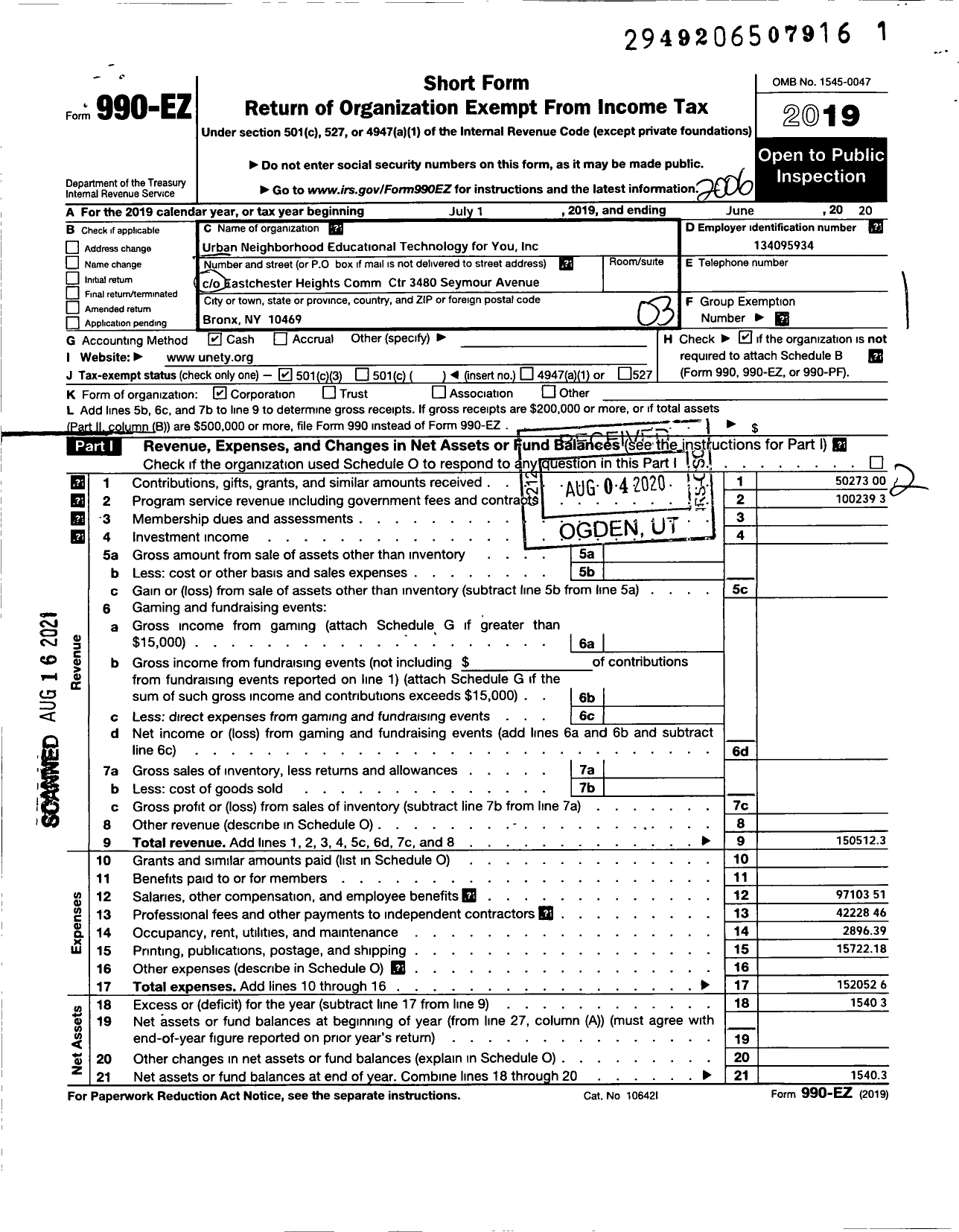 Image of first page of 2019 Form 990EZ for Urban Neighborhood Educational Technology for You