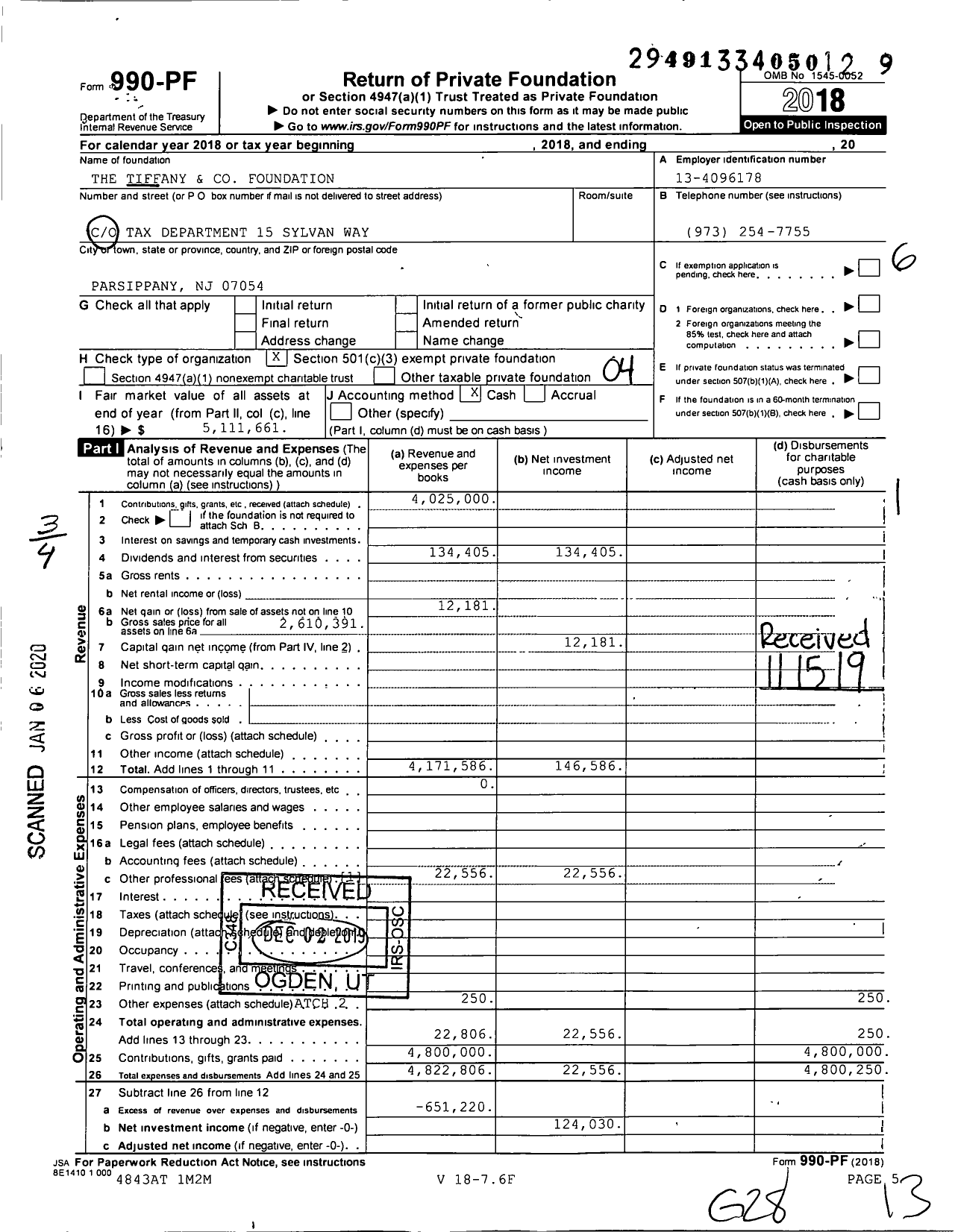 Image of first page of 2018 Form 990PF for The Tiffany and Foundation