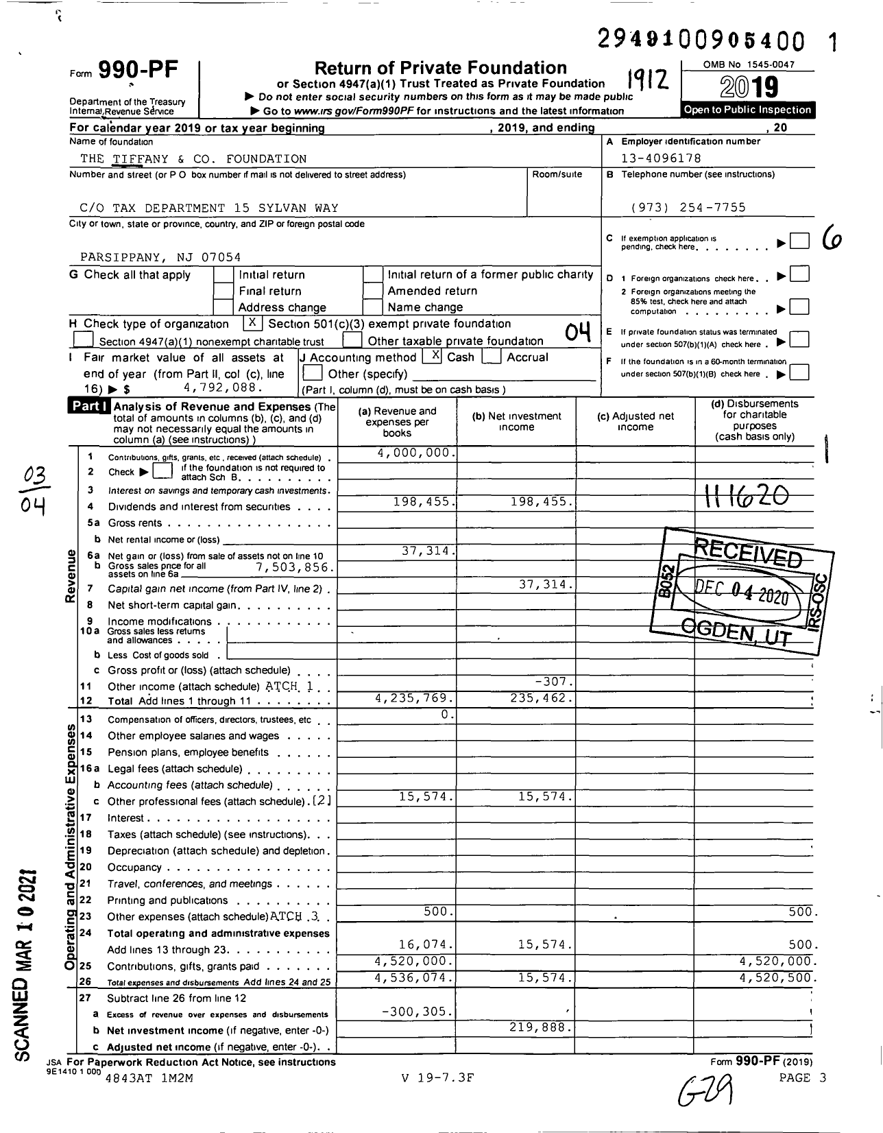 Image of first page of 2019 Form 990PF for The Tiffany and Foundation