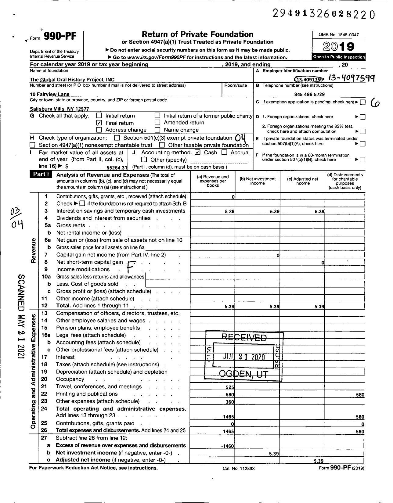 Image of first page of 2019 Form 990PF for The Global Oral History Project