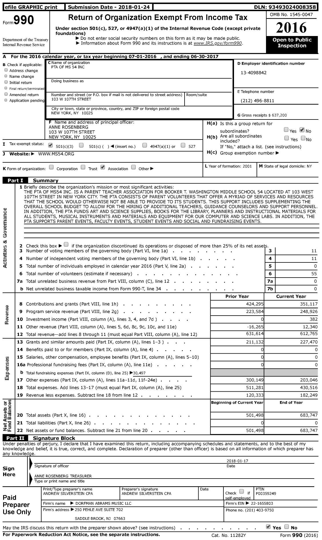 Image of first page of 2016 Form 990 for PTA of MS 54