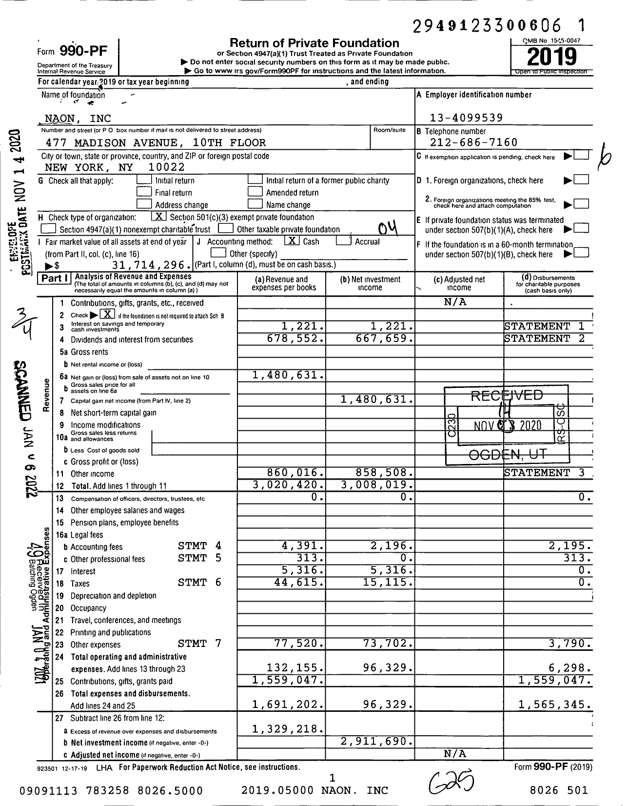 Image of first page of 2019 Form 990PF for Naon