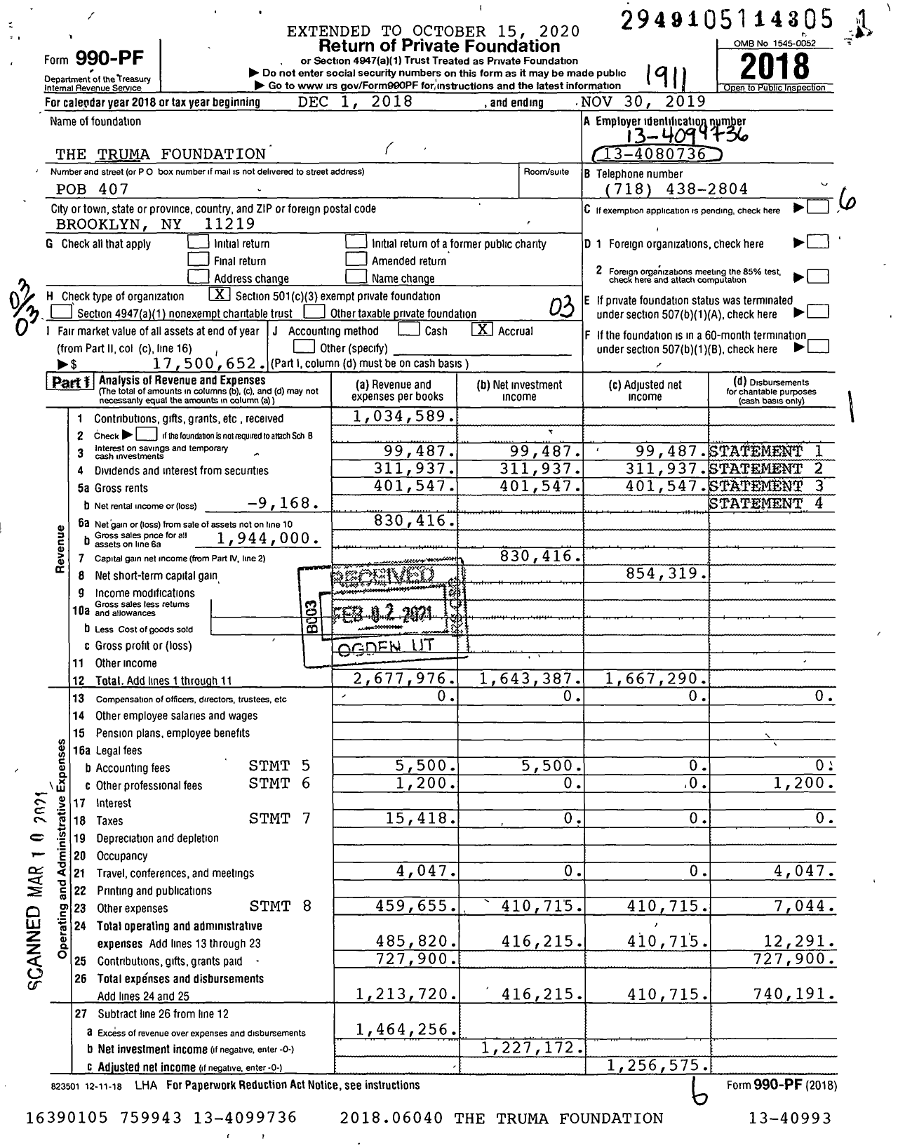 Image of first page of 2018 Form 990PF for Truma Foundation