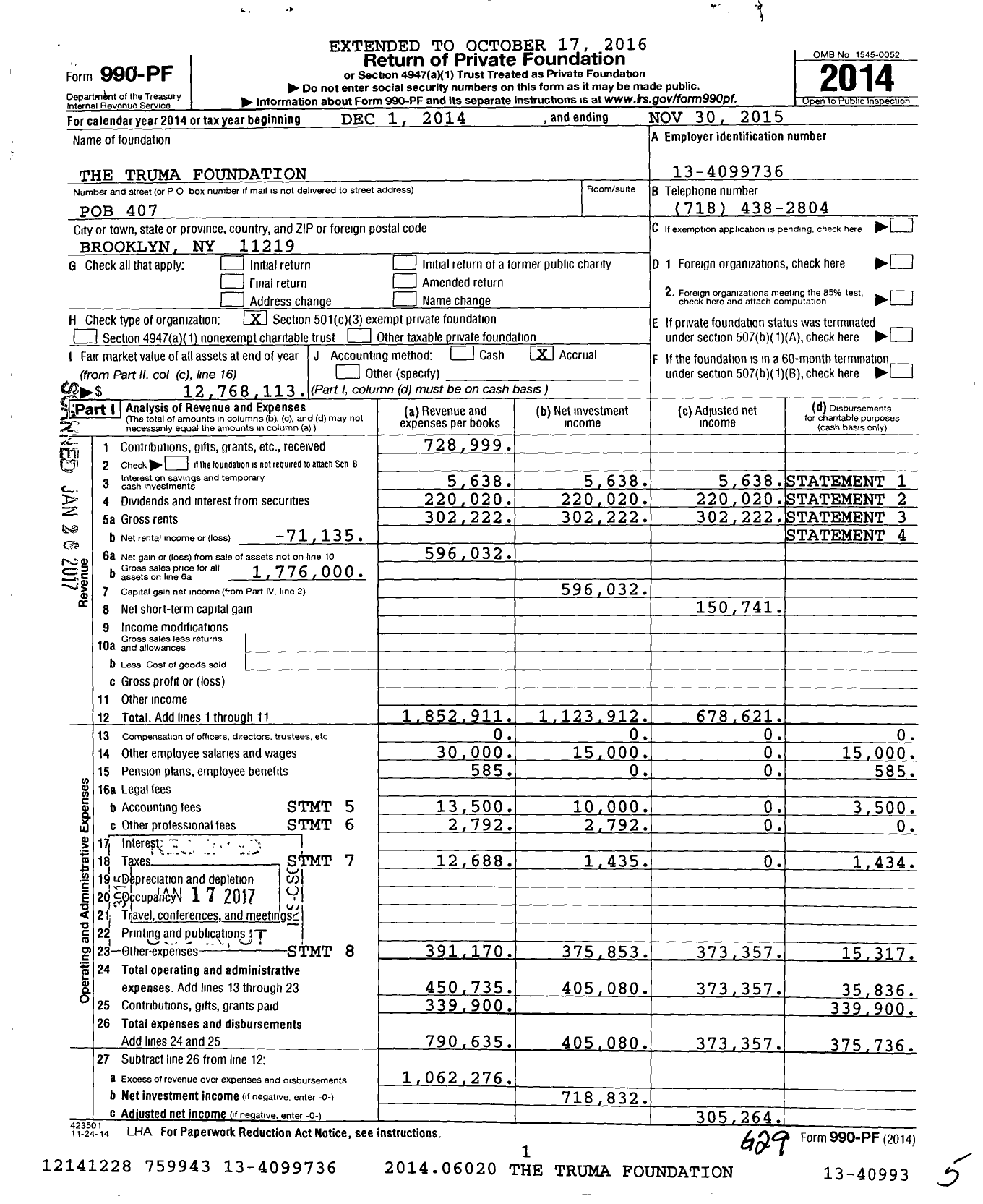 Image of first page of 2014 Form 990PF for Truma Foundation