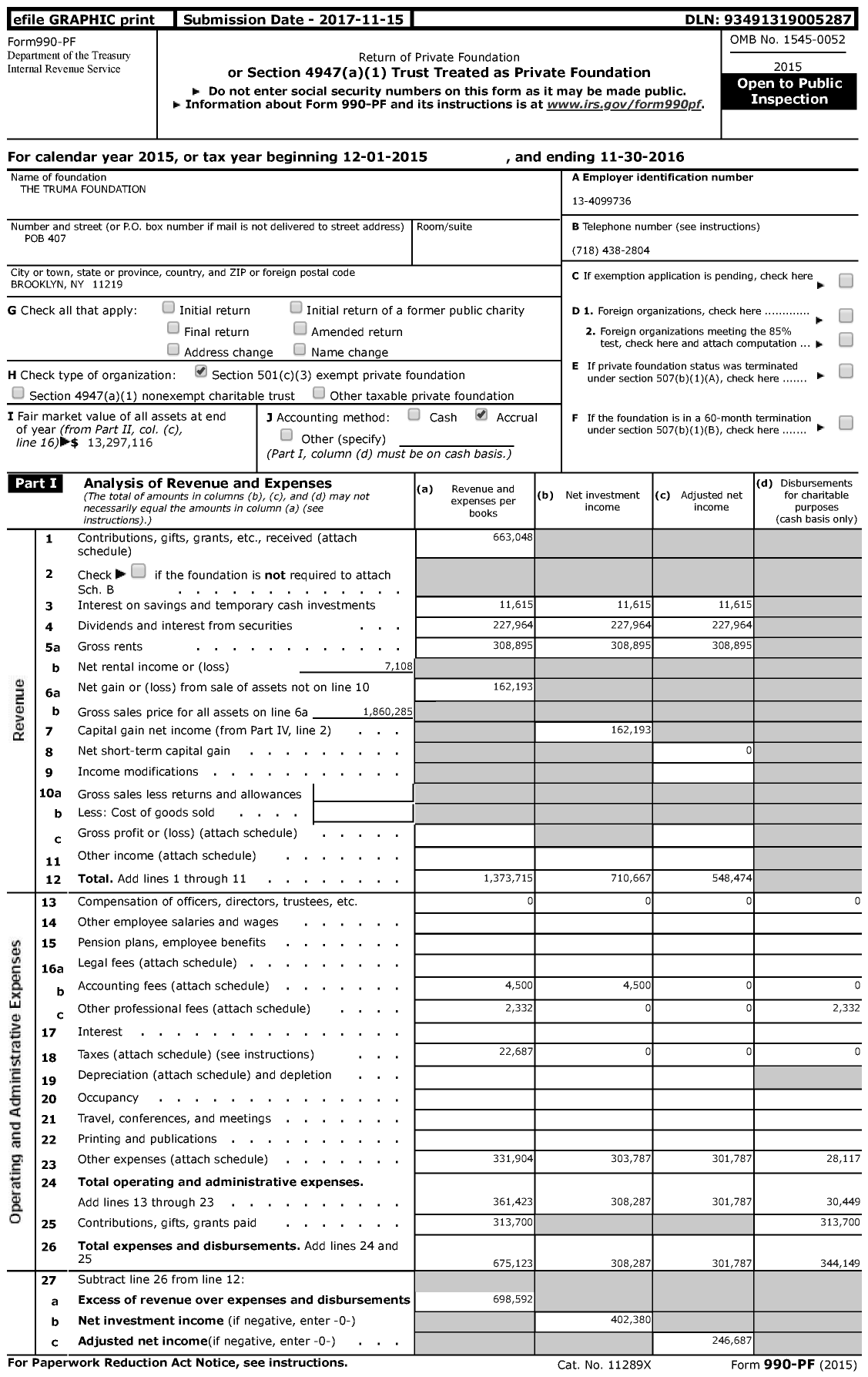 Image of first page of 2015 Form 990PF for Truma Foundation