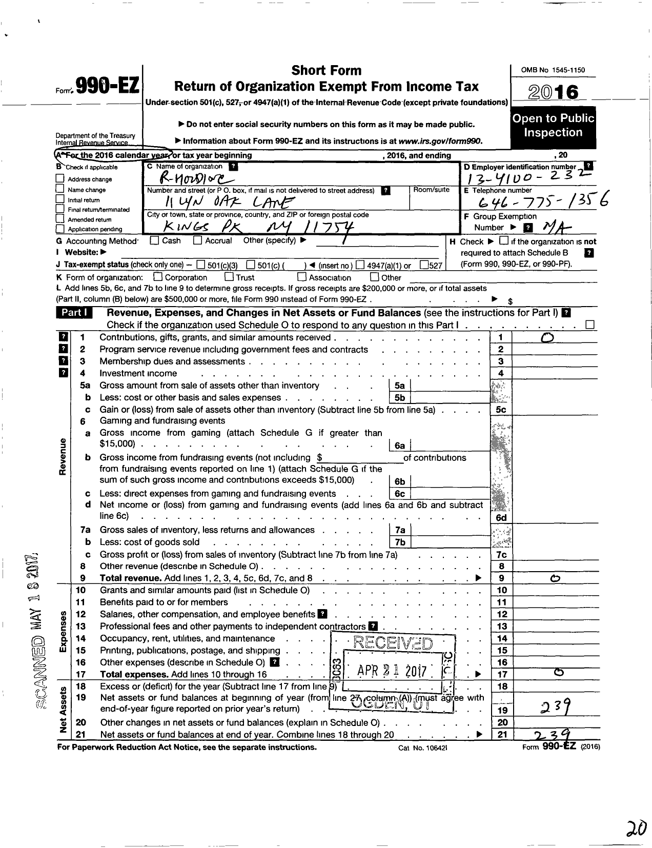 Image of first page of 2016 Form 990EO for R Hood