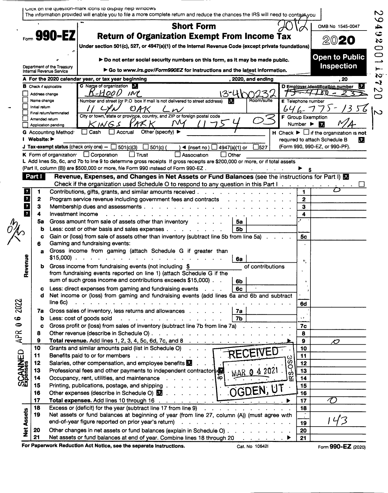 Image of first page of 2020 Form 990EZ for R Hood