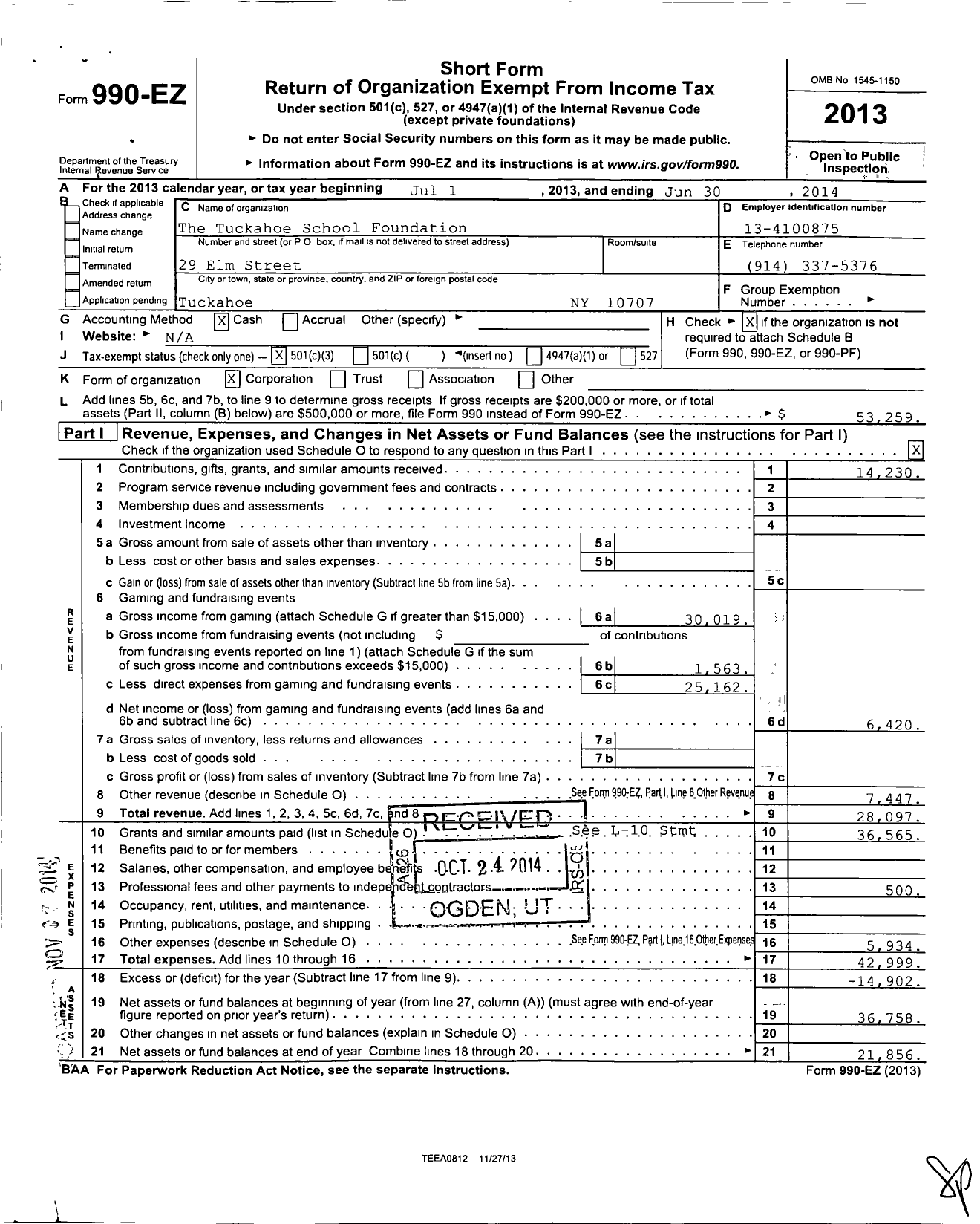 Image of first page of 2013 Form 990EZ for Tuckahoe School Foundation