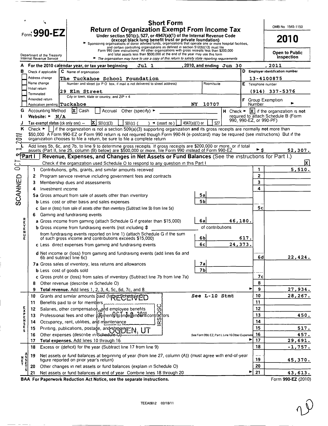 Image of first page of 2010 Form 990EZ for Tuckahoe School Foundation