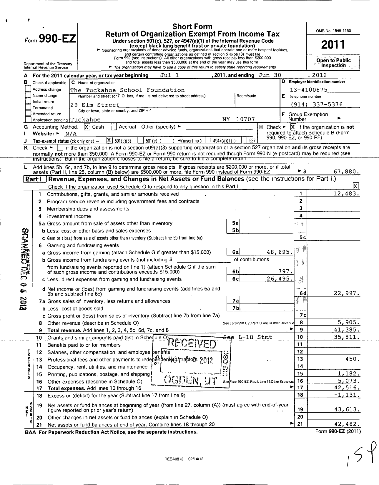 Image of first page of 2011 Form 990EZ for Tuckahoe School Foundation