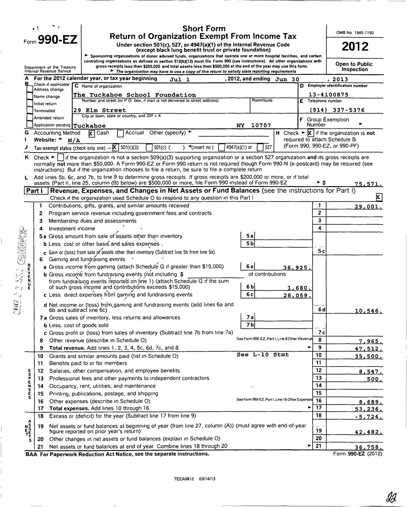 Image of first page of 2012 Form 990EZ for Tuckahoe School Foundation