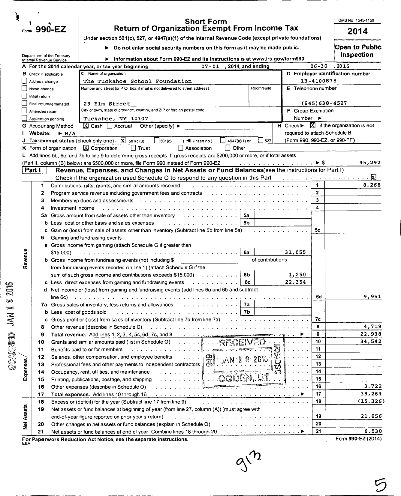 Image of first page of 2014 Form 990EZ for Tuckahoe School Foundation