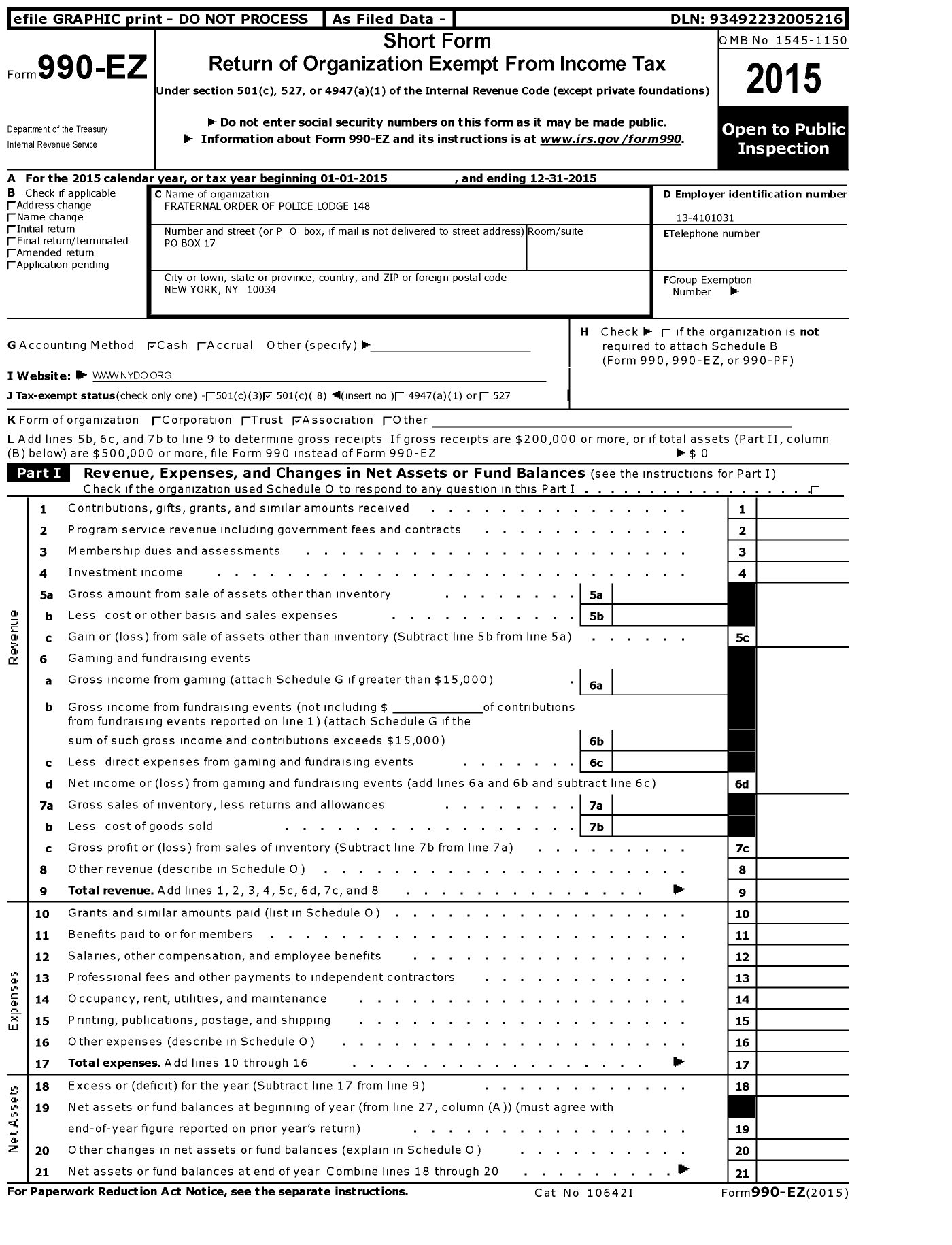 Image of first page of 2015 Form 990EO for Fraternal Order of Police - 148 Ny Dominican Officers Org