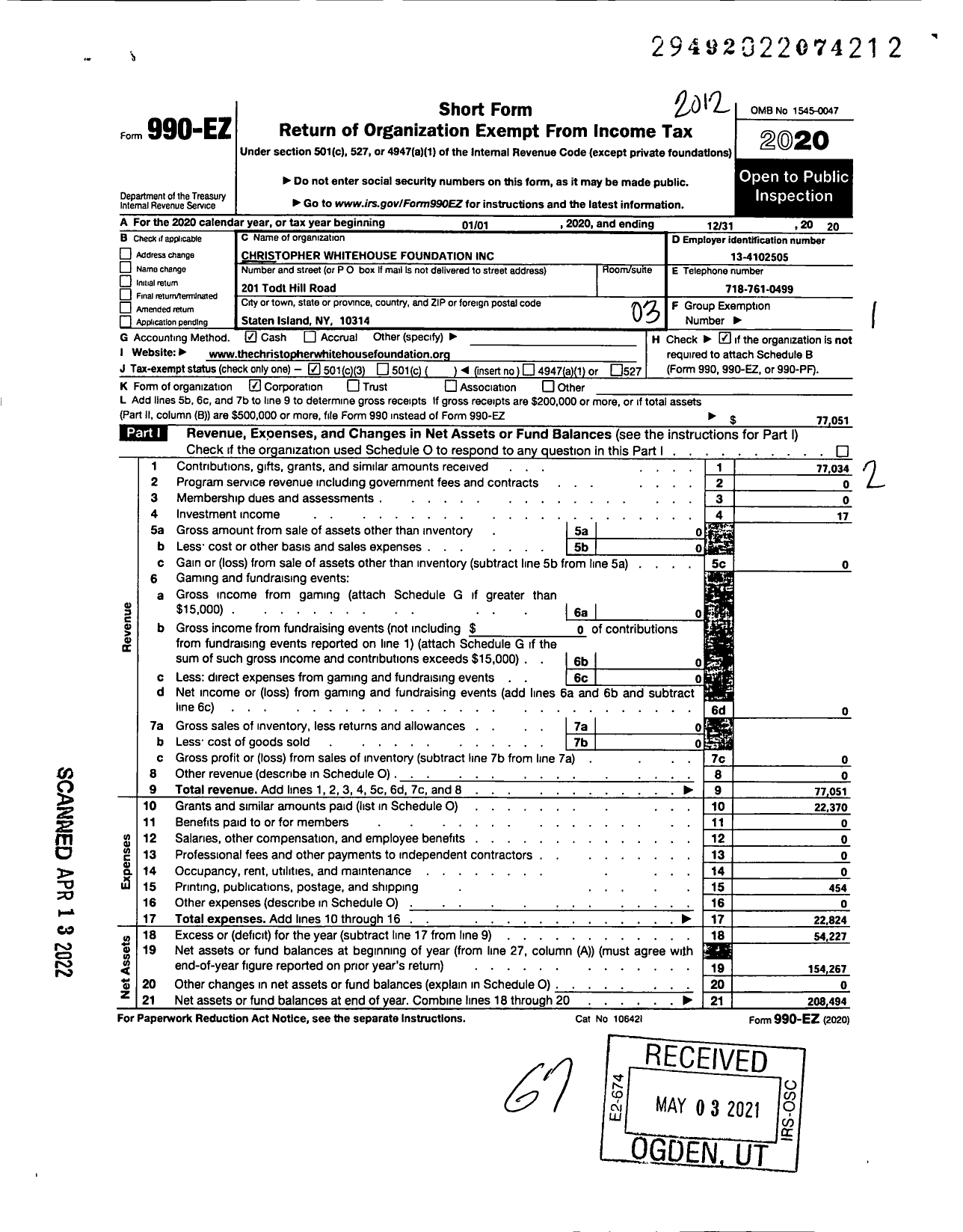 Image of first page of 2020 Form 990EZ for Christopher Whitehouse Foundation