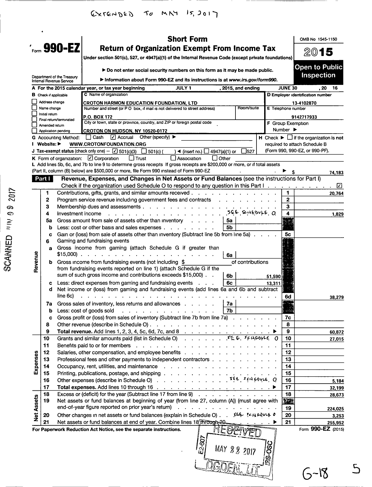 Image of first page of 2015 Form 990EZ for Croton-Harmon Education Foundation
