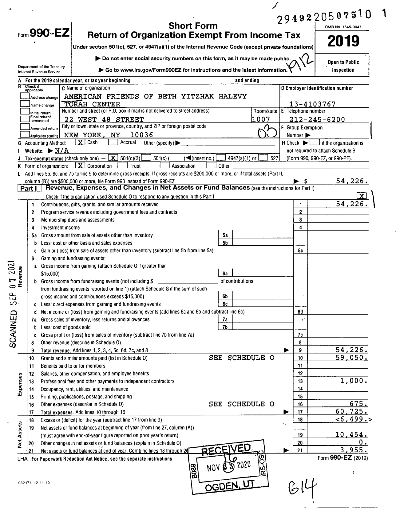 Image of first page of 2019 Form 990EZ for American Friends of Beth Yitzhak Halevy Torah Center