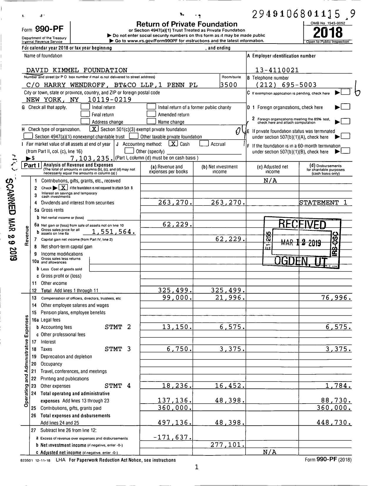 Image of first page of 2018 Form 990PF for David Kimmel Foundation