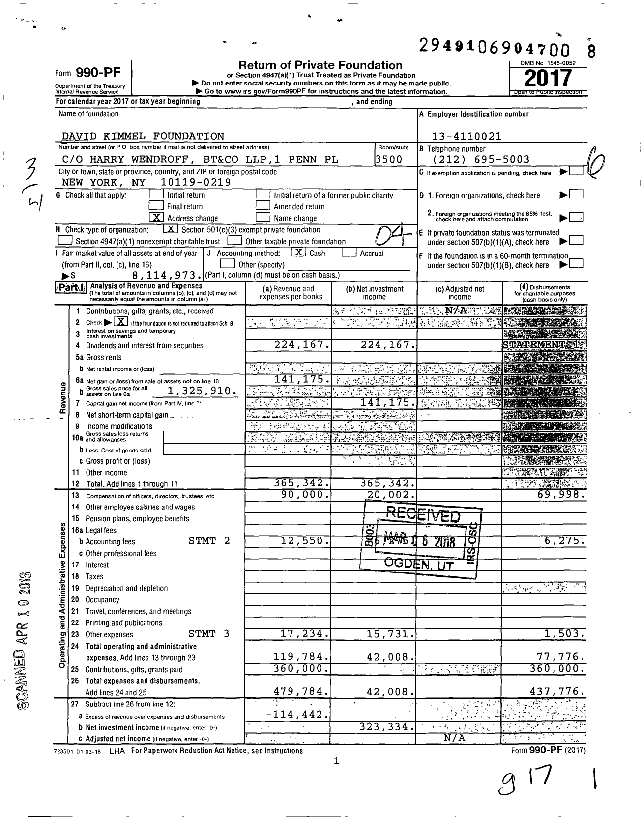 Image of first page of 2017 Form 990PF for David Kimmel Foundation