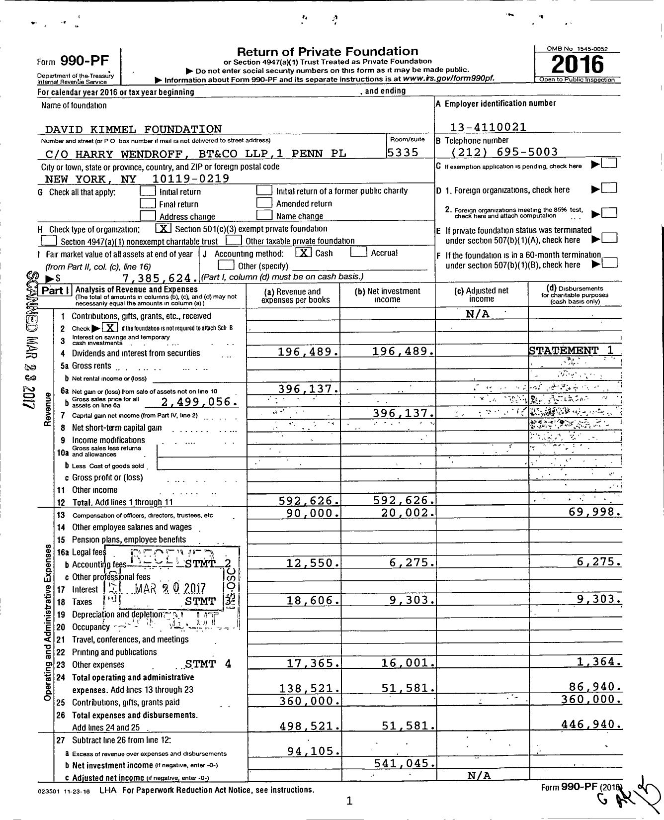 Image of first page of 2016 Form 990PF for David Kimmel Foundation