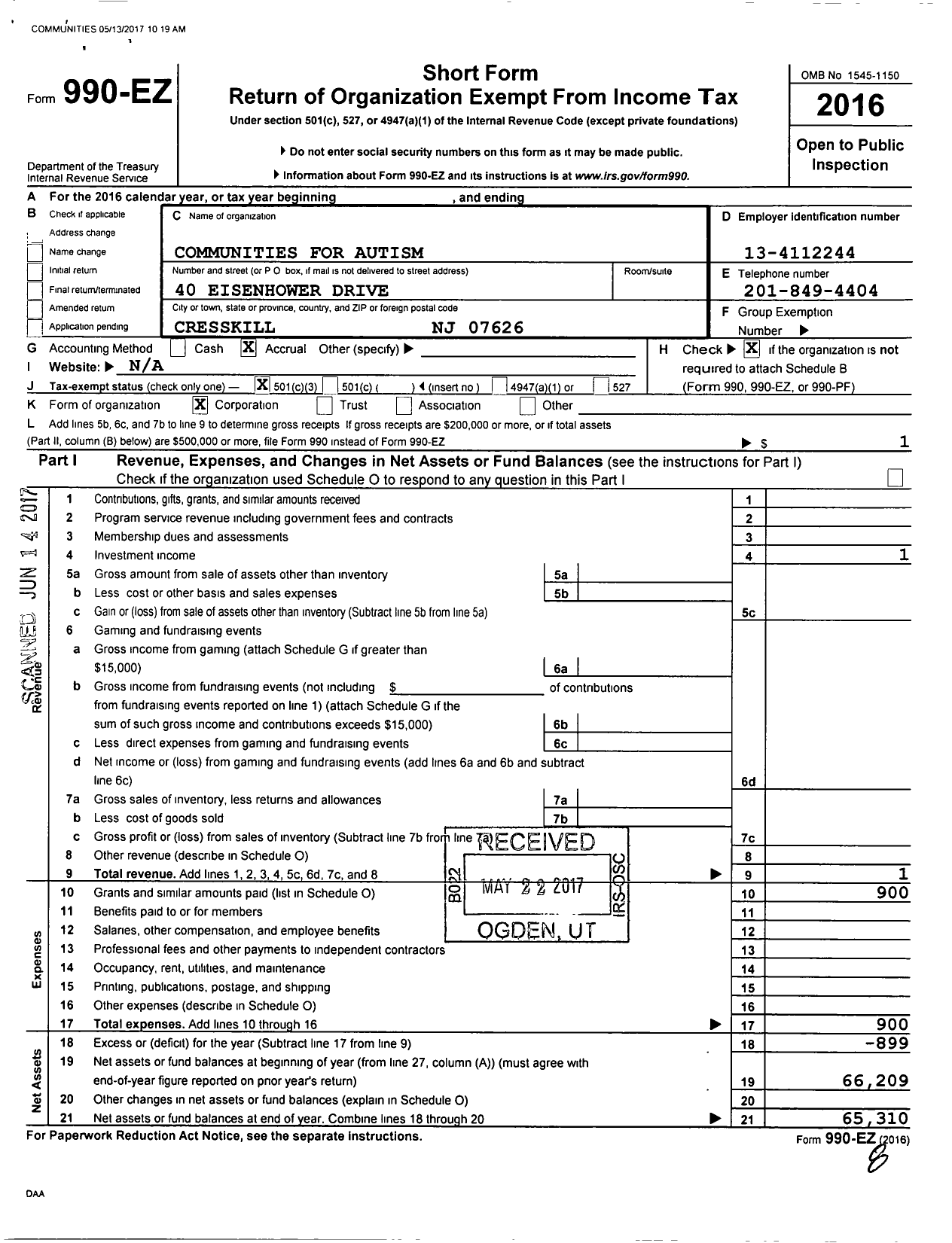 Image of first page of 2016 Form 990EZ for Communities for Autism