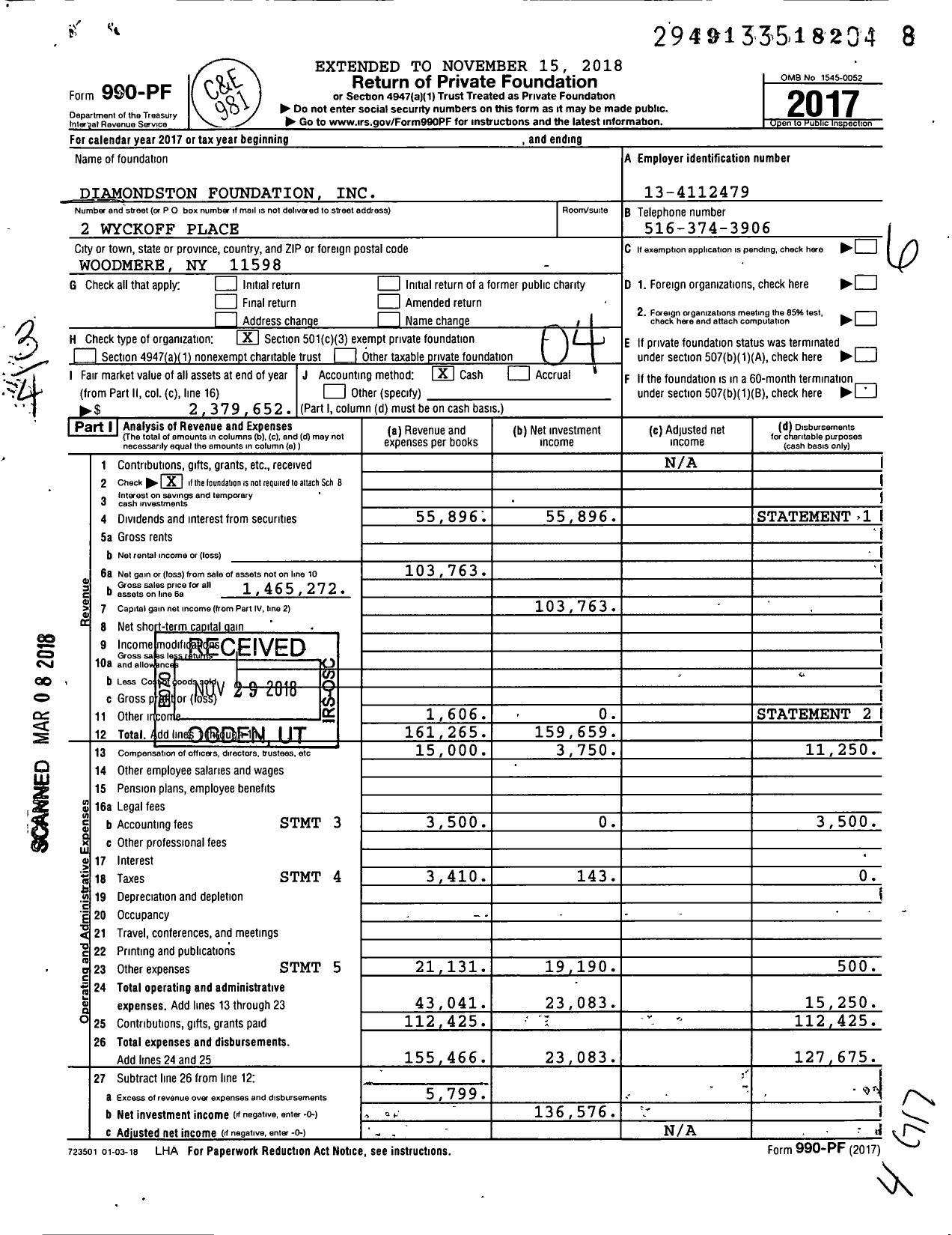 Image of first page of 2017 Form 990PF for Diamondston Foundation
