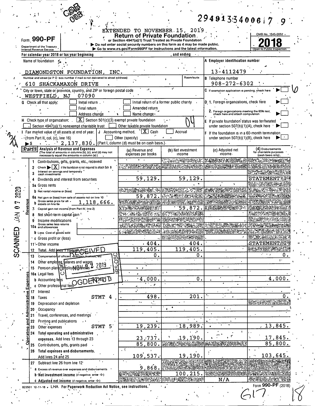 Image of first page of 2018 Form 990PF for Diamondston Foundation