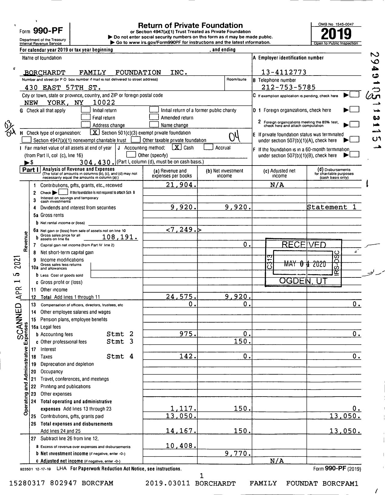 Image of first page of 2019 Form 990PF for Borchardt Family Foundation