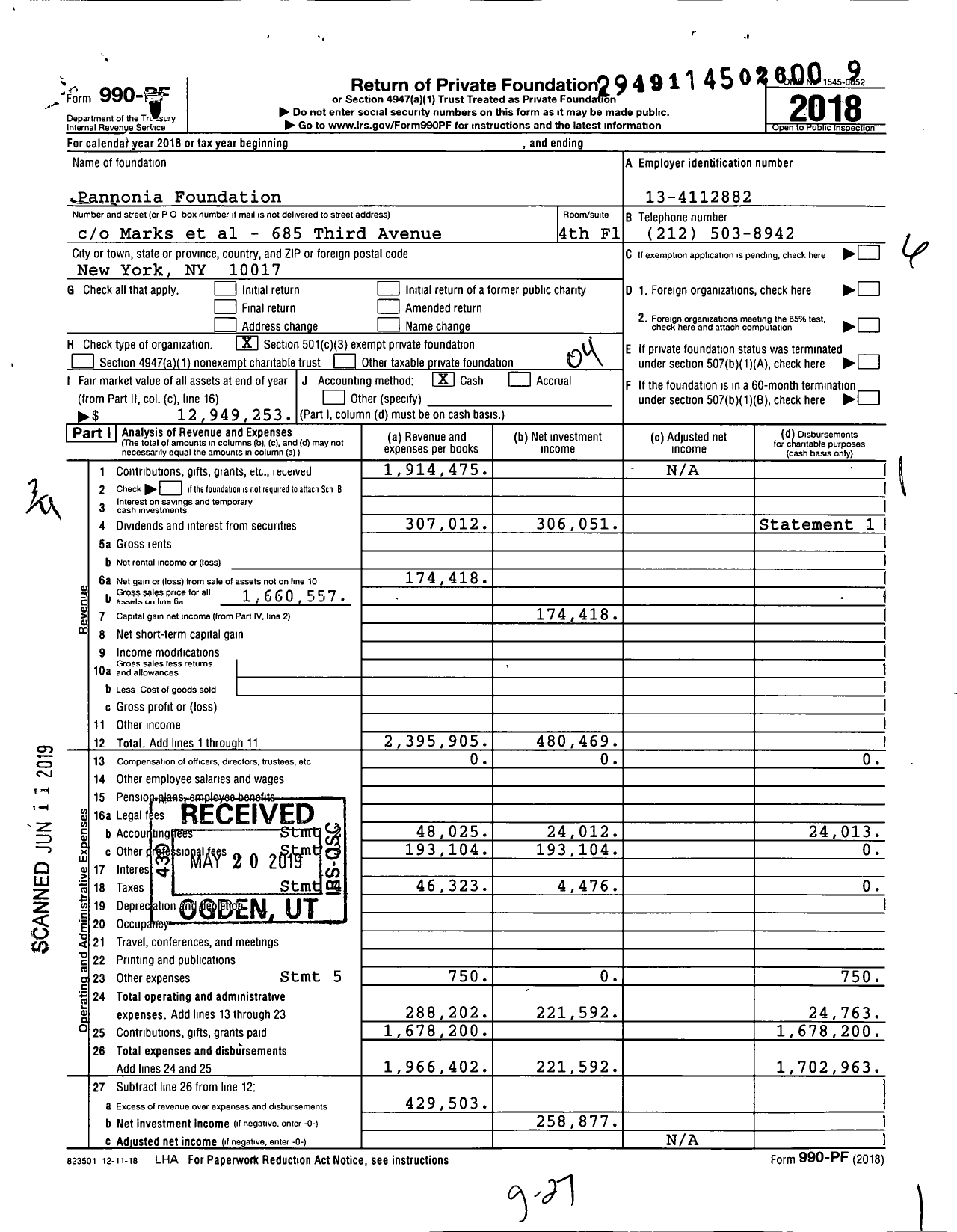 Image of first page of 2018 Form 990PF for Pannonia Foundation