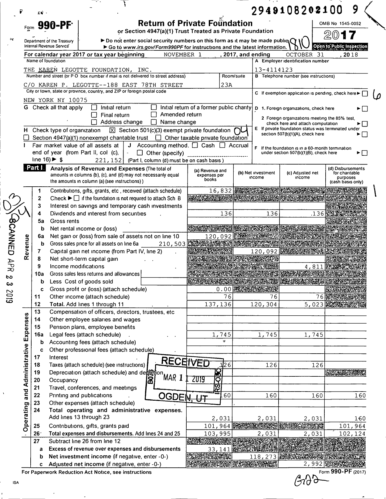 Image of first page of 2017 Form 990PF for The Karen Legotte Foundation