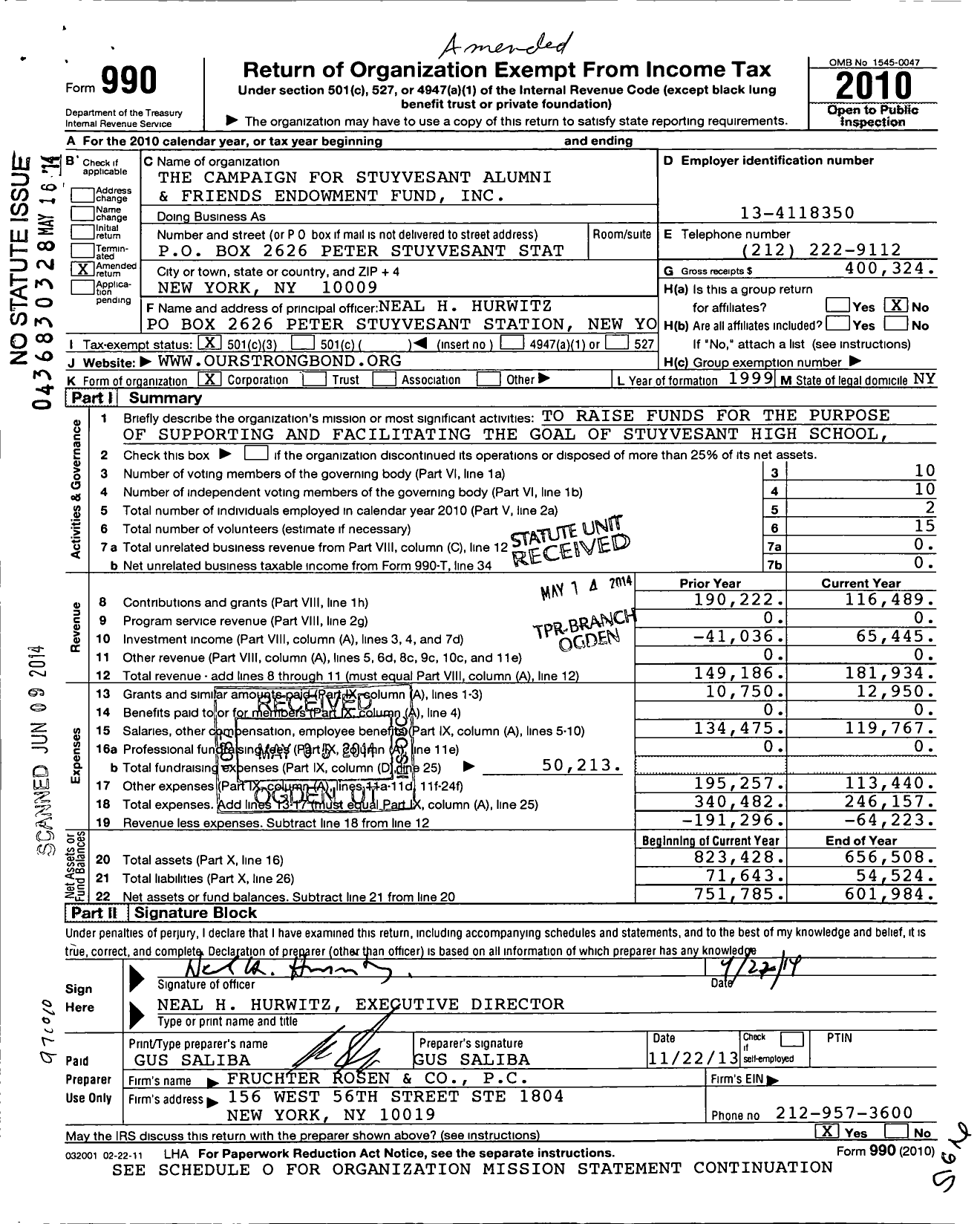 Image of first page of 2010 Form 990 for The Campaign For Stuyvesant Alumni and Friends Endowment Fund