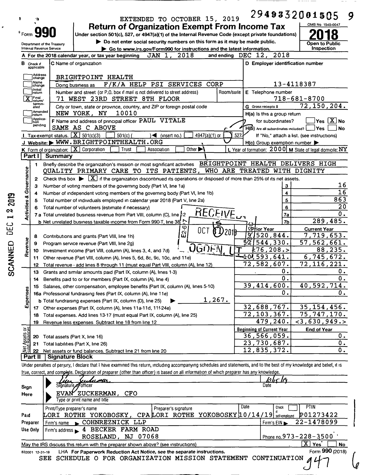 Image of first page of 2018 Form 990 for Brightpoint Health