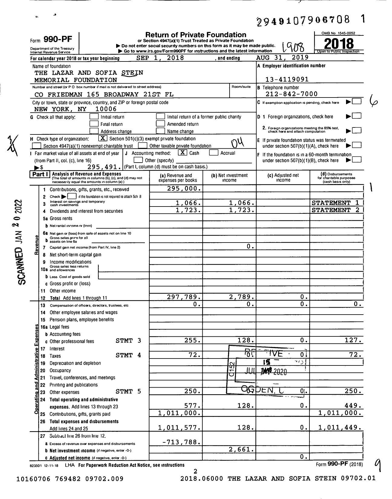 Image of first page of 2018 Form 990PF for The Lazar and Sofia Stein Memorial Foundation