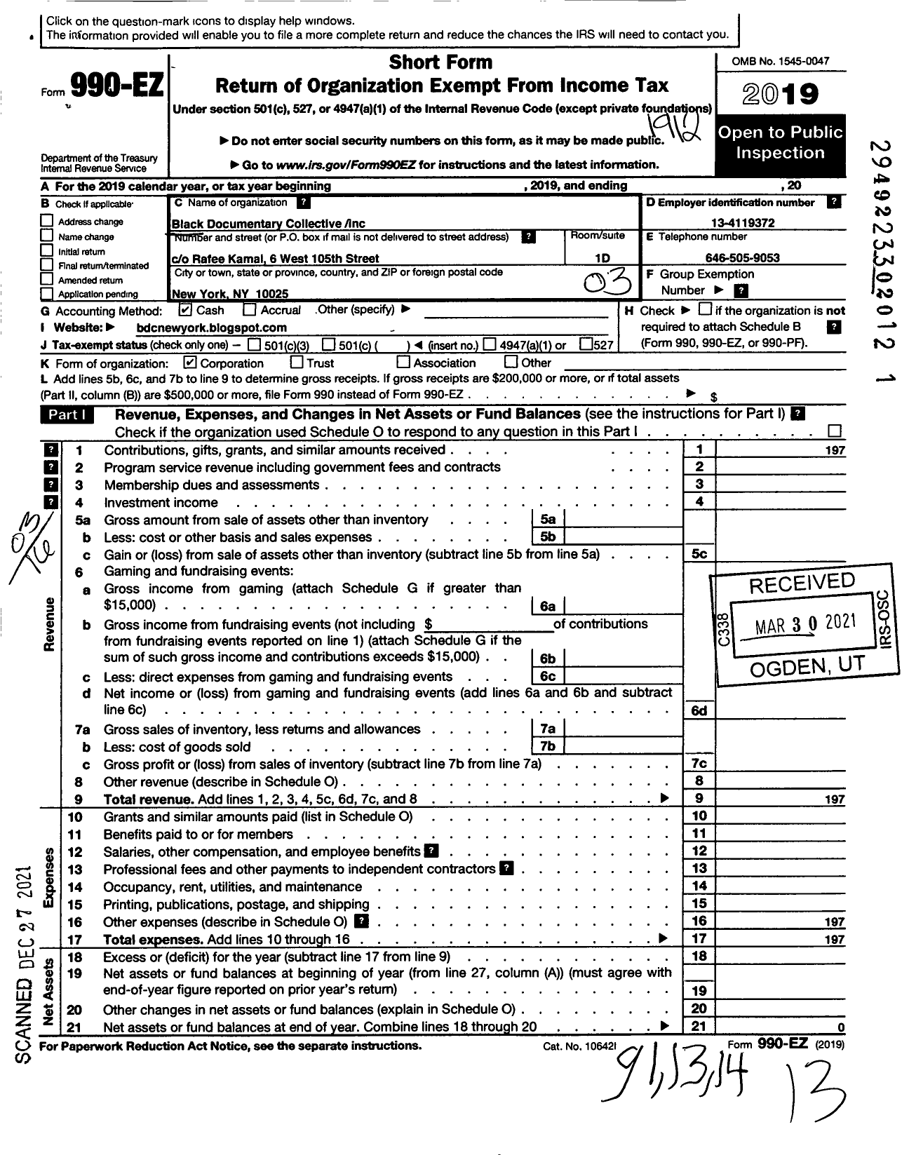 Image of first page of 2019 Form 990EZ for Black Documentary Collective