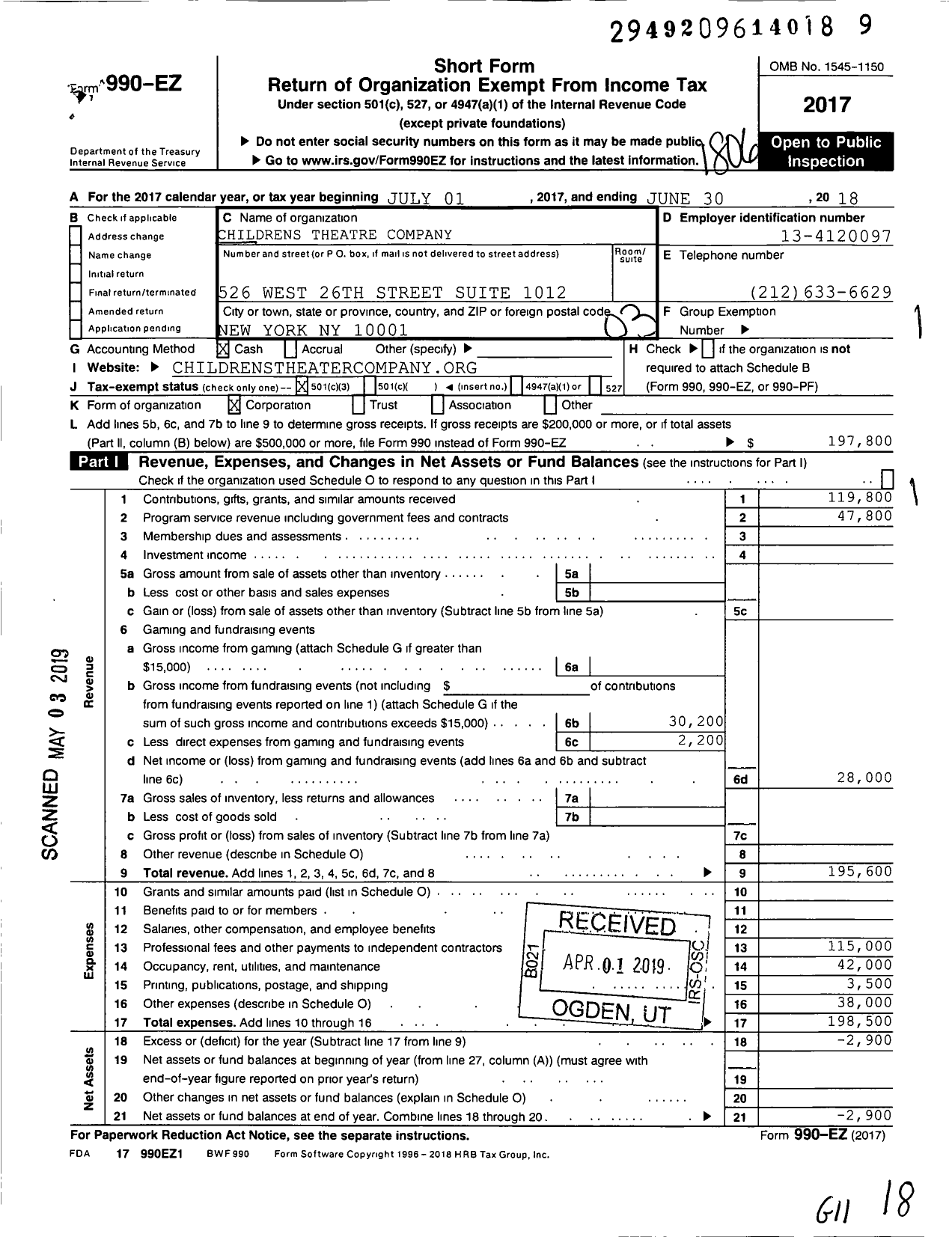 Image of first page of 2017 Form 990EZ for The Children's Theatre Company