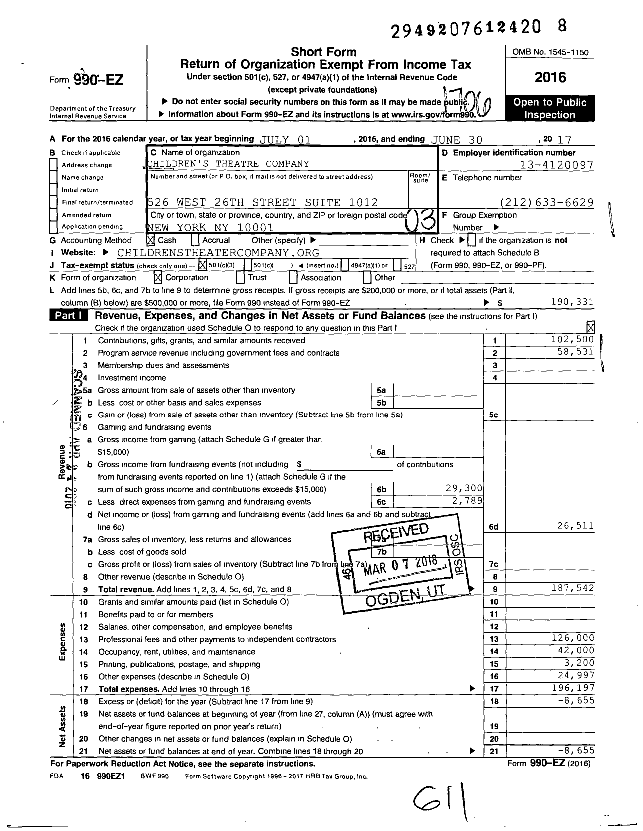 Image of first page of 2016 Form 990EZ for The Children's Theatre Company