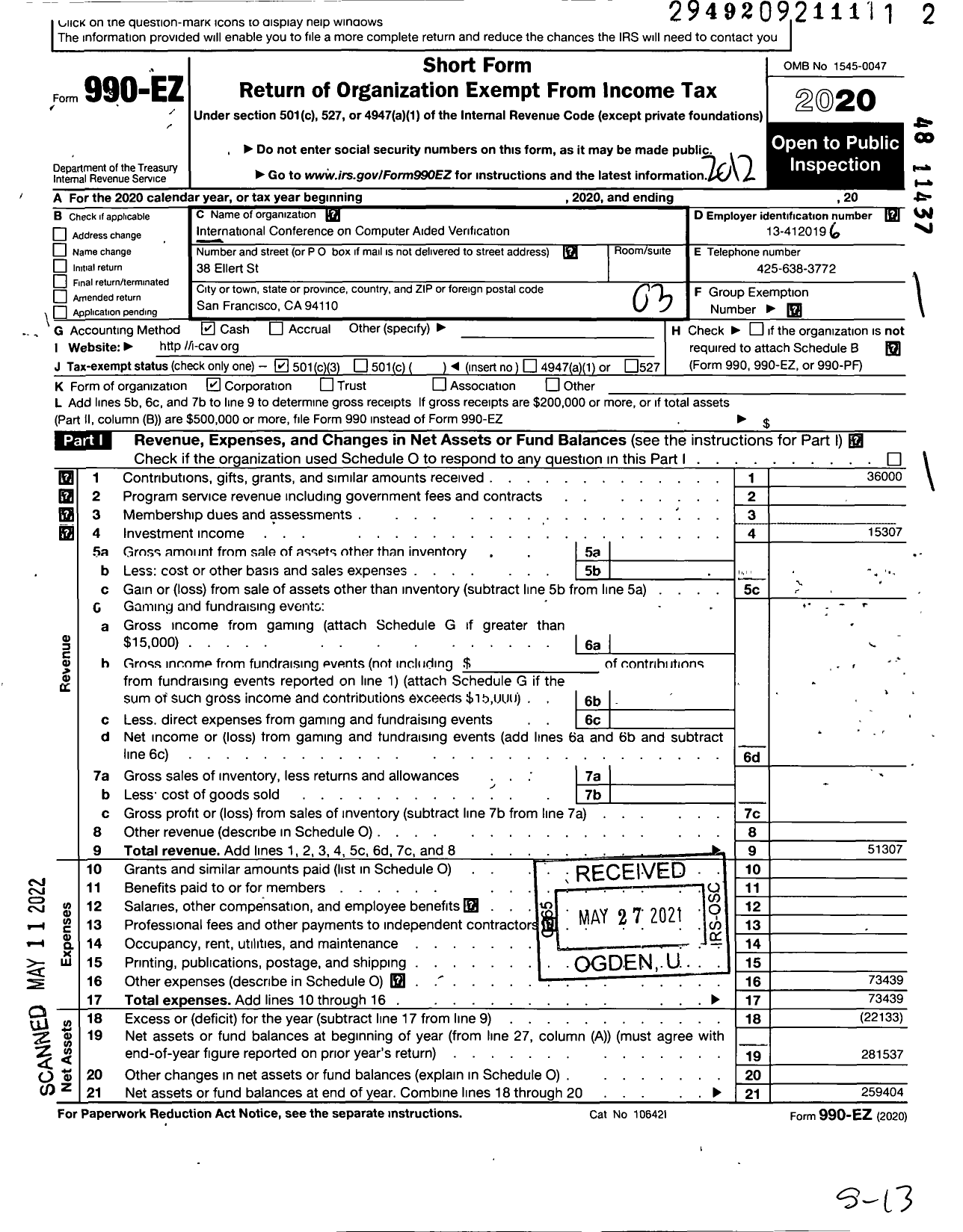 Image of first page of 2020 Form 990EZ for International Conference on Computer Aided Verification