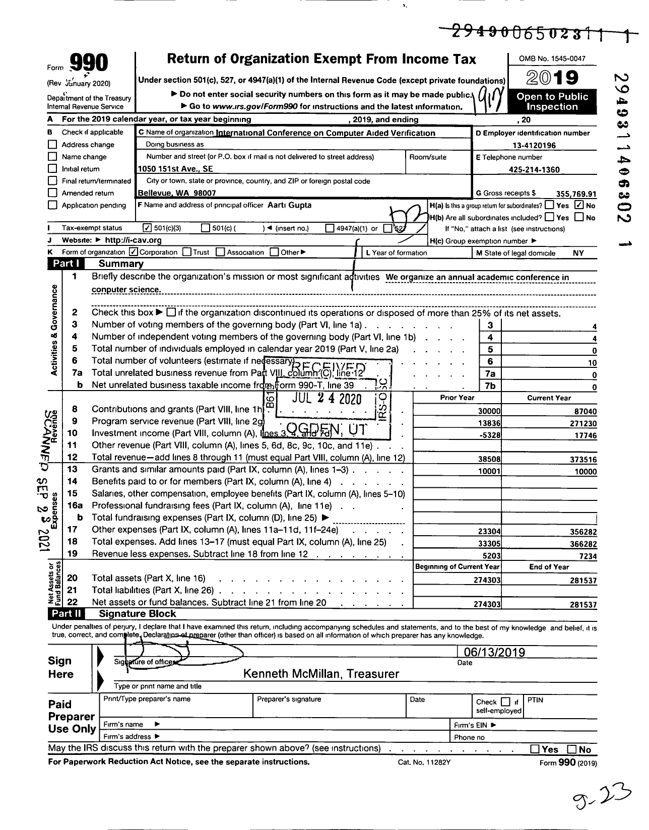 Image of first page of 2019 Form 990 for International Conference on Computer Aided Verification