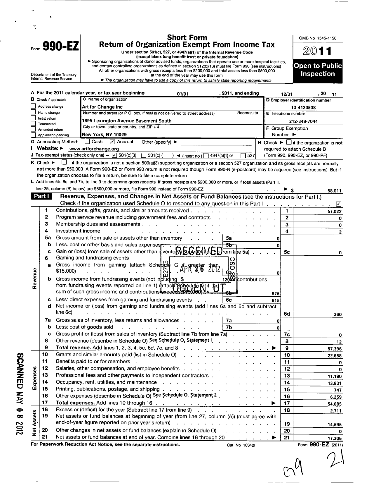 Image of first page of 2011 Form 990EZ for Art for Change