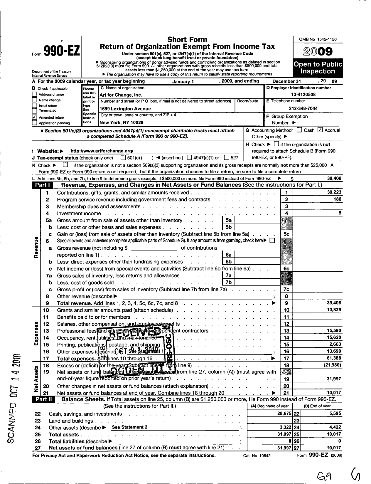 Image of first page of 2009 Form 990EO for Art for Change