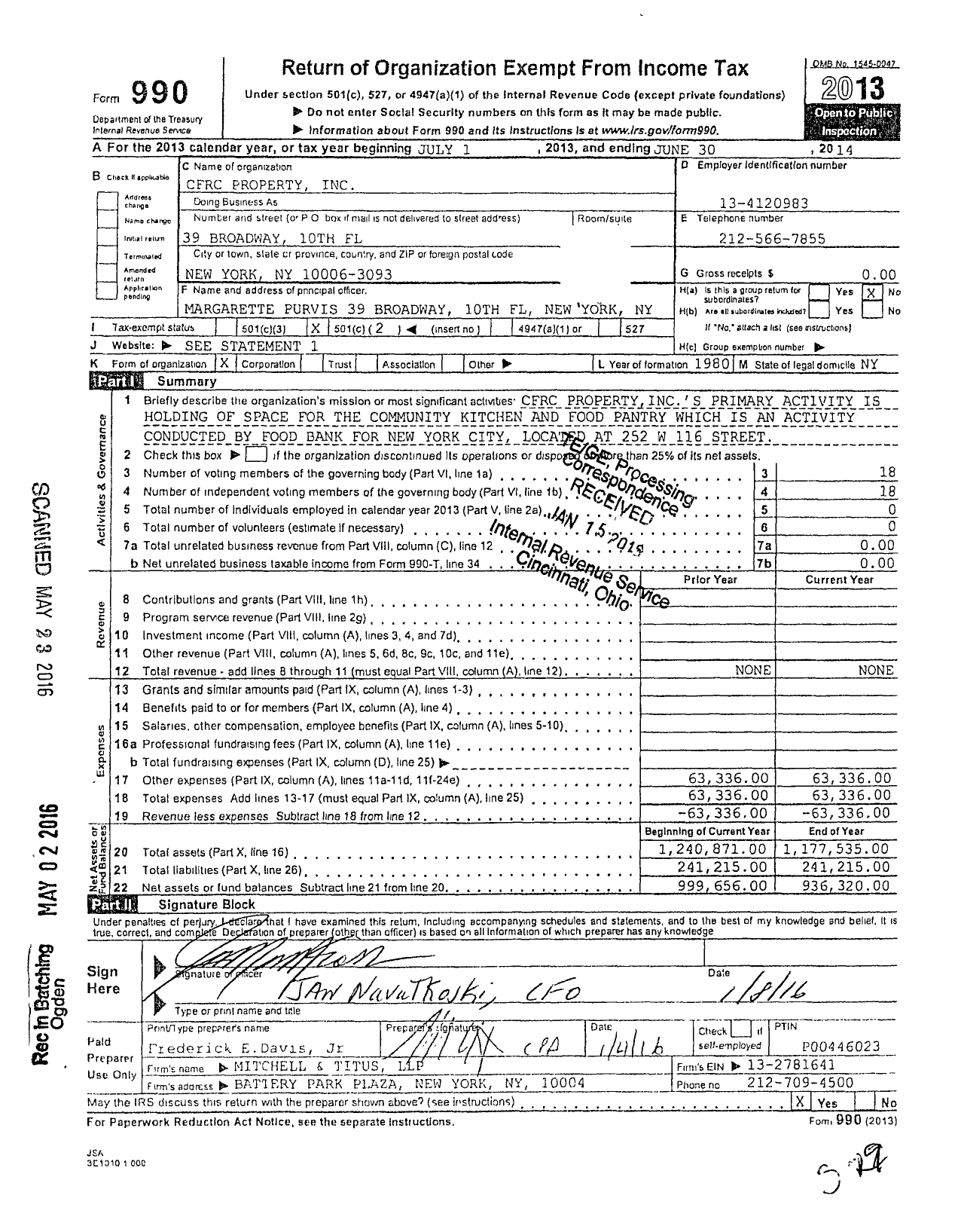 Image of first page of 2013 Form 990O for CFRC Property