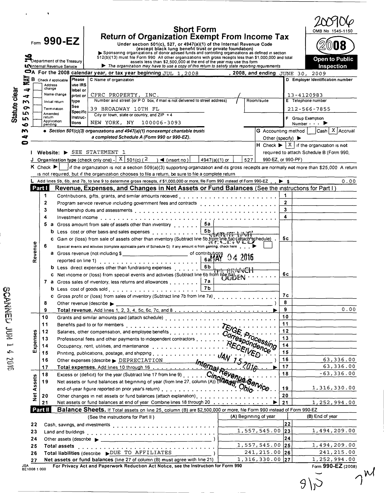 Image of first page of 2008 Form 990EO for CFRC Property