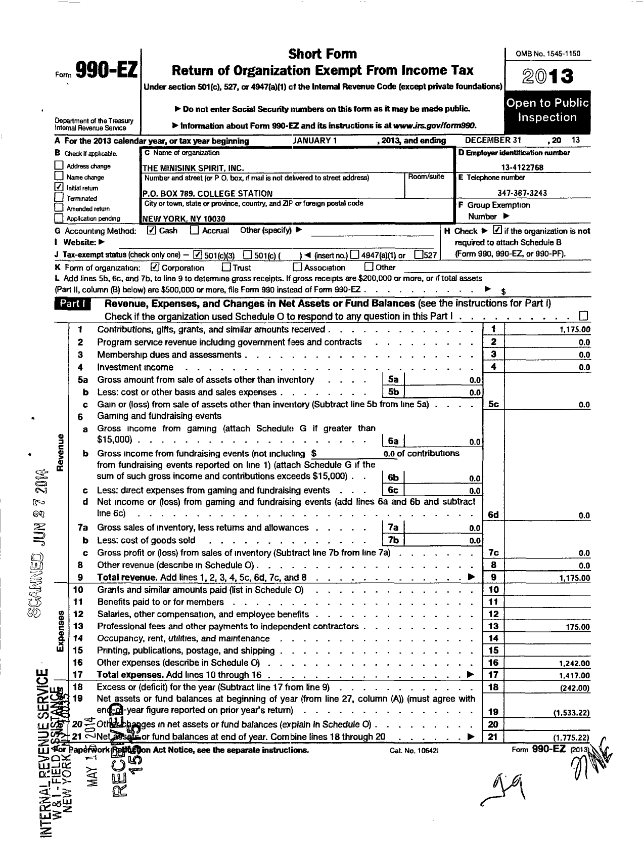 Image of first page of 2013 Form 990EZ for Minisink Spirit