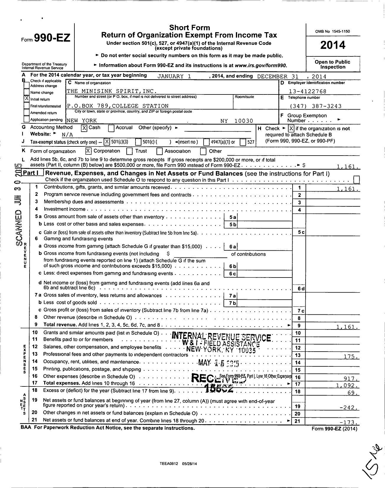 Image of first page of 2014 Form 990EZ for Minisink Spirit