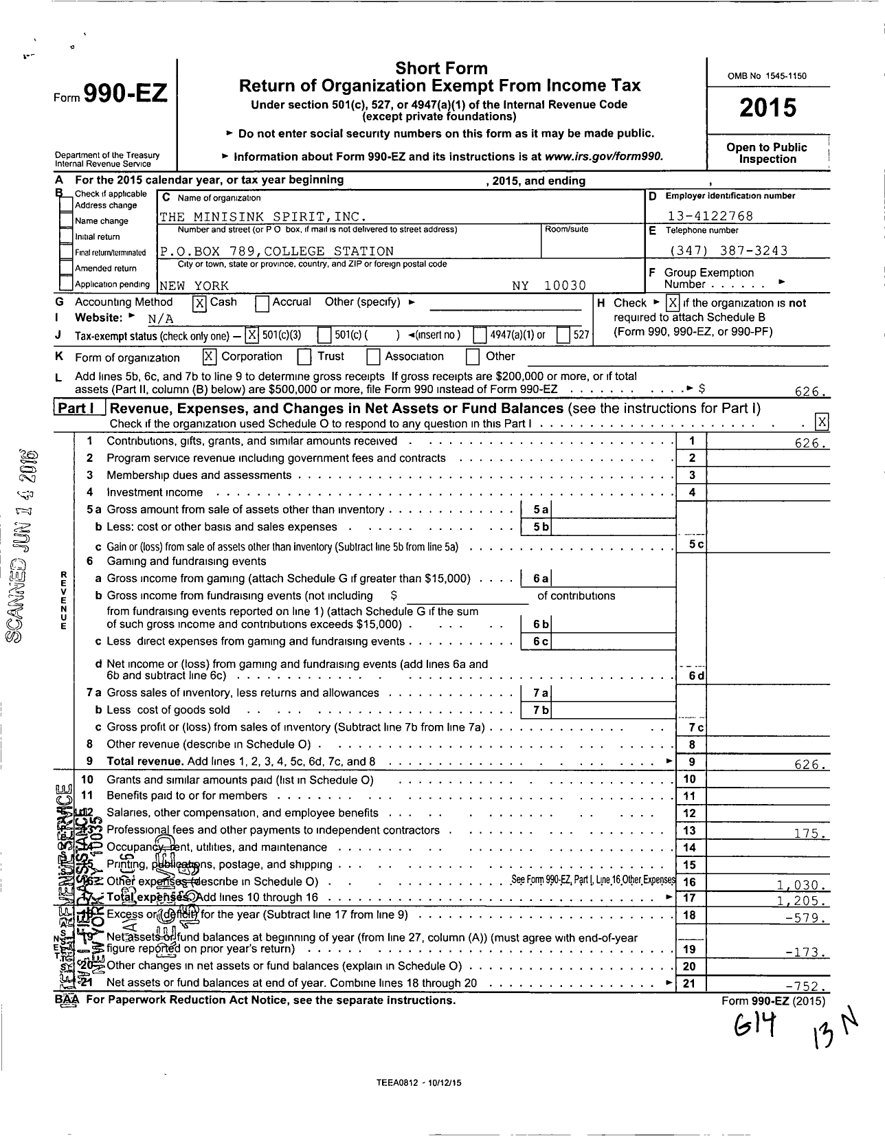 Image of first page of 2015 Form 990EZ for Minisink Spirit