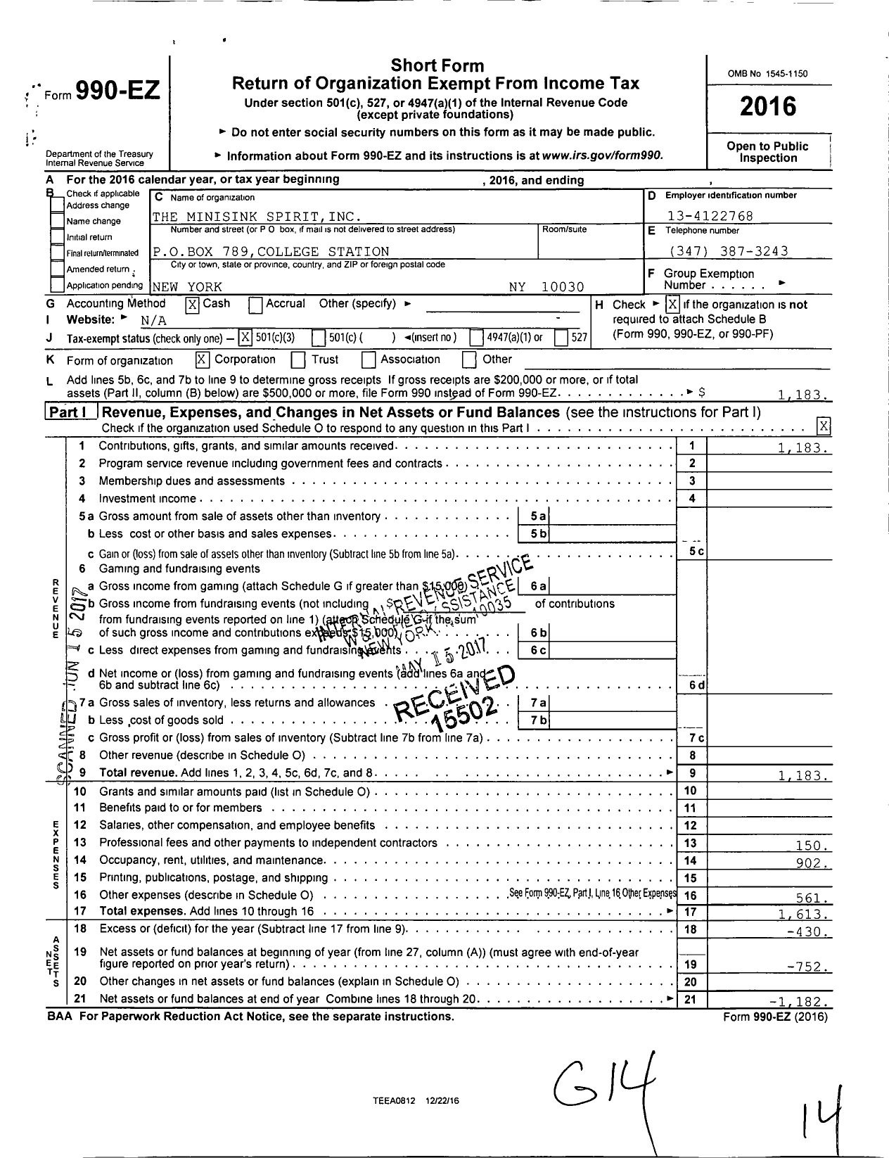 Image of first page of 2016 Form 990EZ for Minisink Spirit