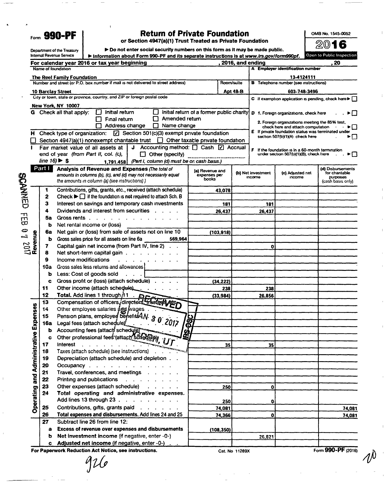 Image of first page of 2016 Form 990PF for The Reel Family Foundation