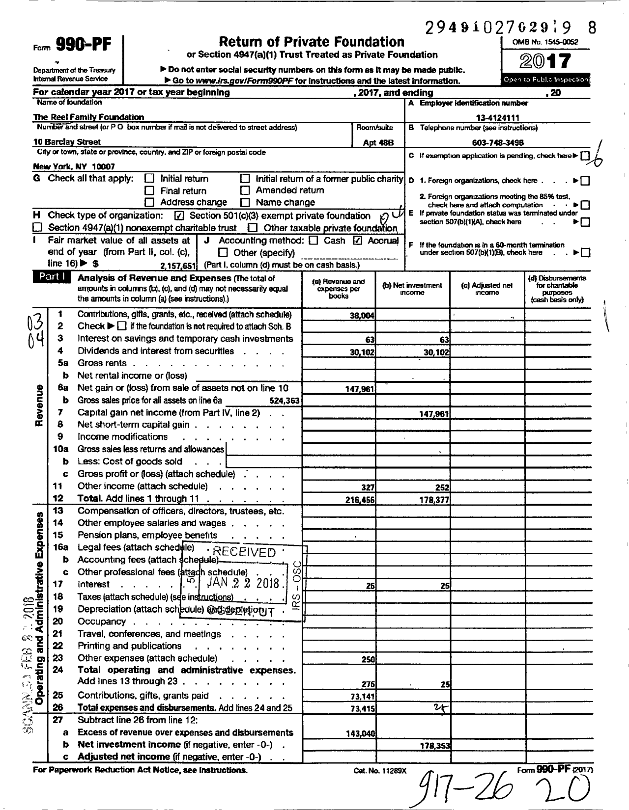 Image of first page of 2017 Form 990PF for The Reel Family Foundation