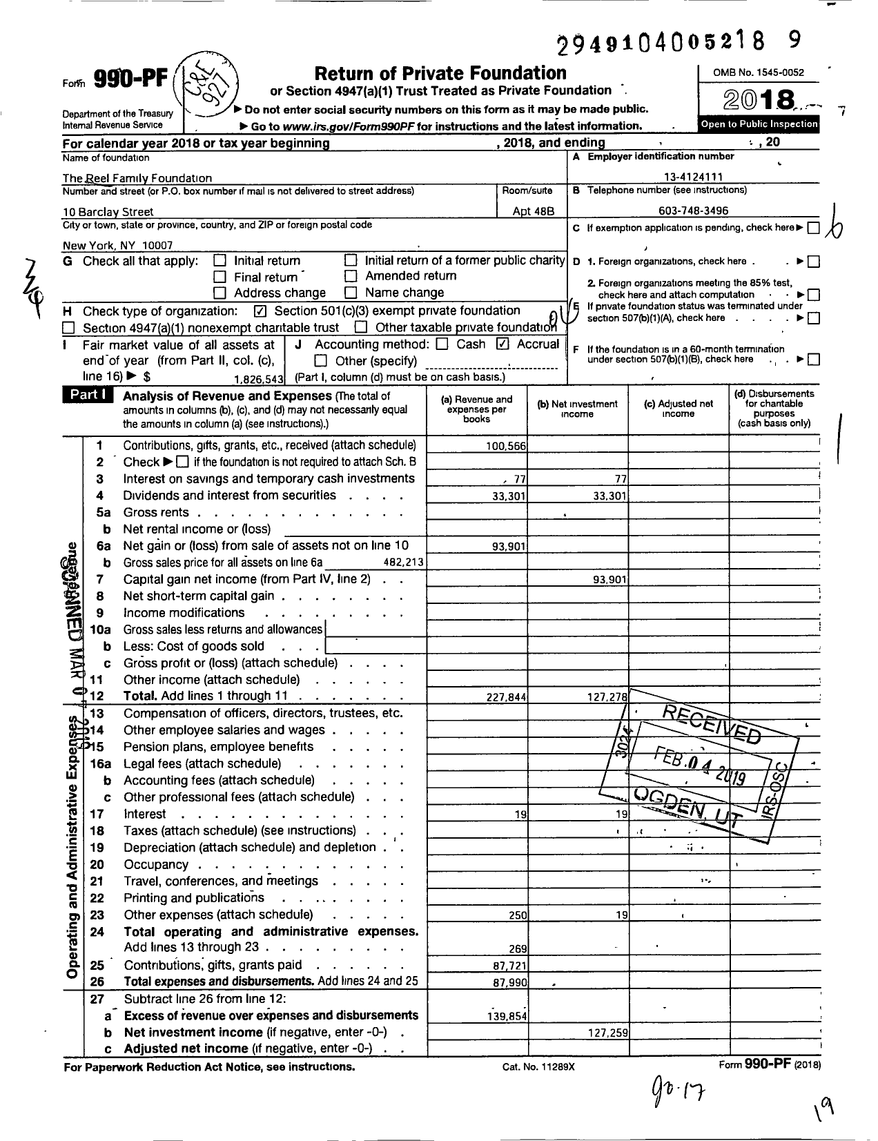 Image of first page of 2018 Form 990PF for The Reel Family Foundation